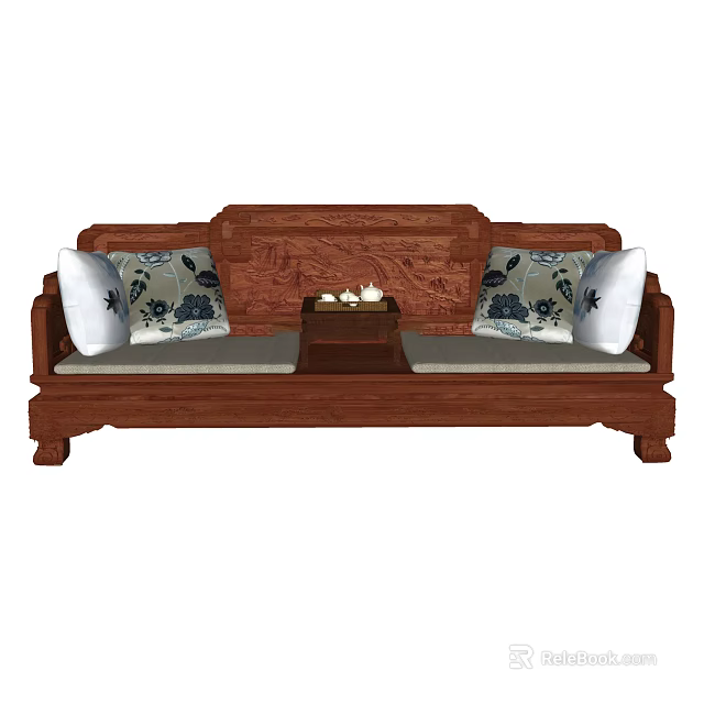 Traditional Wooden Luohan Bed with Carved Backrest Decorative Cushions and Small Tea Table 3d model 
