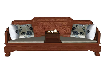 Traditional Wooden Luohan Bed with Carved Backrest Decorative Cushions and Small Tea Table 3d model