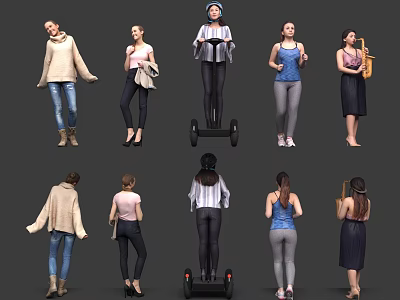Multiple People In Different Poses With Casual Outfits And Segway 3d model