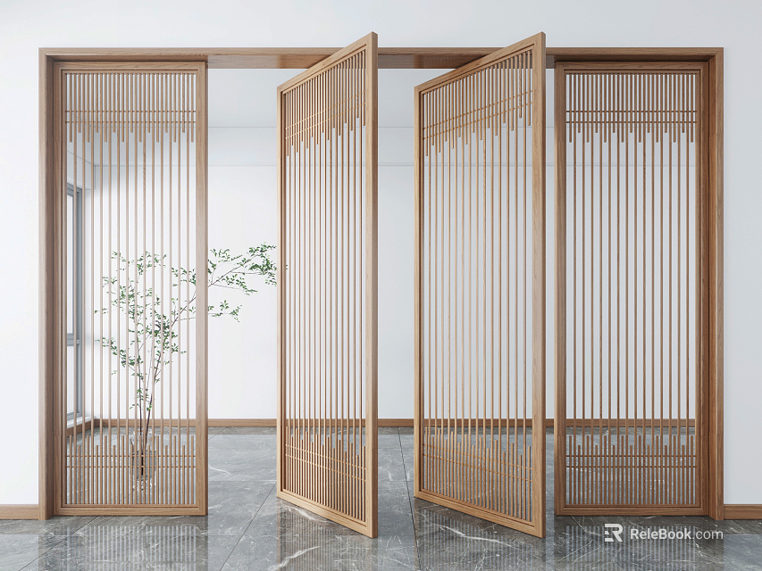Vertical Slat Wooden Room Divider In Modern Interior With Potted Plant And Marble Floor 3d model 
