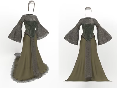 Vintage Green And Gray Long Dress With Bell Sleeves And Ruffle Trim Details 3d model