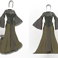Vintage Green And Gray Long Dress With Bell Sleeves And Ruffle Trim Details