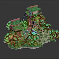 Cartoon Scene Model Featuring Traditional Chinese Architecture Green Roofs Red Pillars And Trees