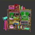 Household Items On Colorful Multi Layer Shelf With Vintage Radios Cassettes Calculators And Table Lamp