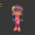 Cartoon Girl Character With Long Dark Blue Hair Pink Headband And Pink Dress