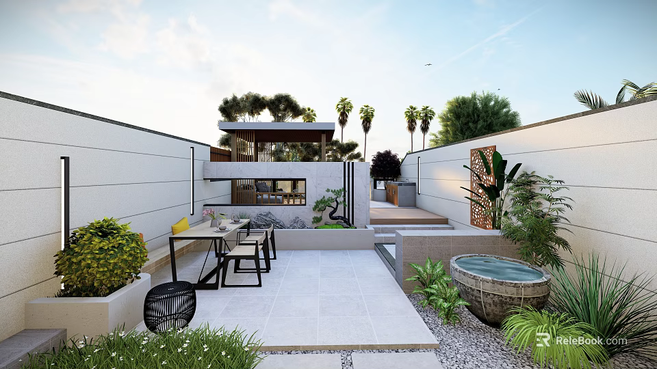 Courtyard Garden Featuring Outdoor Dining Set Stone Patio Palm Trees And Lush Plants 3d model 