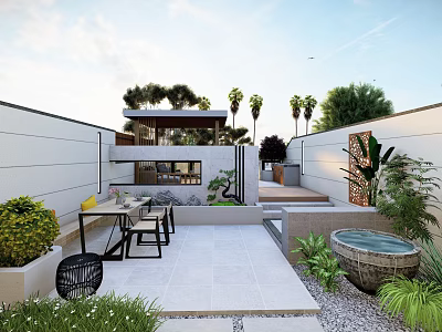 Courtyard Garden Featuring Outdoor Dining Set Stone Patio Palm Trees And Lush Plants 3d model