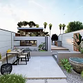 Courtyard Garden Featuring Outdoor Dining Set Stone Patio Palm Trees And Lush Plants