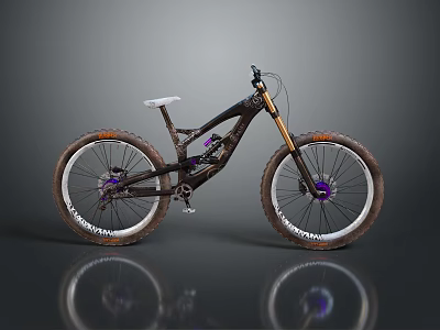 Black Mountain Bike With Purple Gold Accents White Seat Large Tread Tires And Gray Reflection 3d model