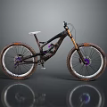 Black Mountain Bike With Purple Gold Accents White Seat Large Tread Tires And Gray Reflection