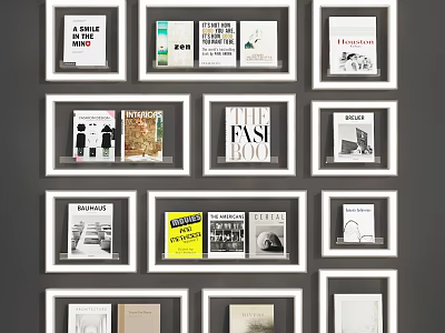 Framed Books And Magazines Hung On Gray Wall With Various Covers And Artistic 3d model
