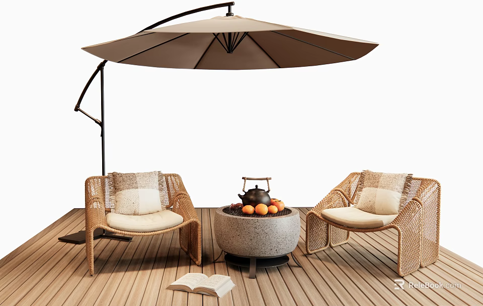 Wicker Outdoor Sofa Set With Fire Pit And Umbrella On Wooden Deck 3d model
