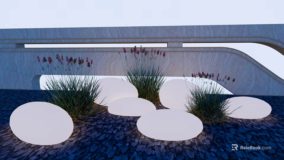 Round Outdoor Garden Lights With Green Plants Purple Flowers Gravel Ground And Wooden Structure 3d model 
