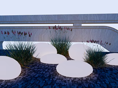 Round Outdoor Garden Lights With Green Plants Purple Flowers Gravel Ground And Wooden Structure 3d model