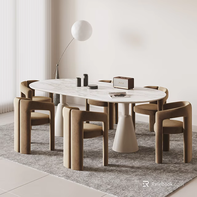 Modern Minimalist Dining Table Set With Marble Top And Six Beige Upholstered Chairs 3d model 