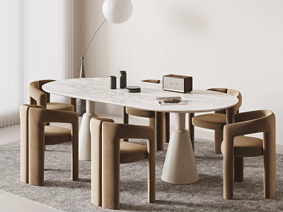 Modern Minimalist Dining Table Set With Marble Top And Six Beige Upholstered Chairs 3d model