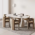 Modern Minimalist Dining Table Set With Marble Top And Six Beige Upholstered Chairs