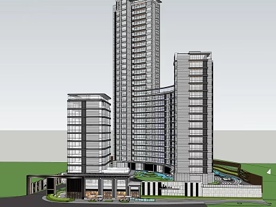 Modern High Rise Hotel Building With Glass Curtain Walls Entrance Area And Landscaping 3d model