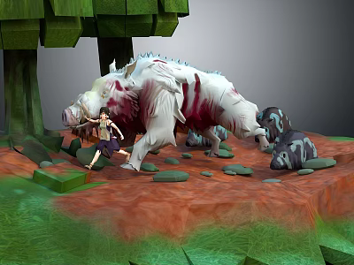 Game Character Battling Giant White Bloodstained Boar In Wooded Rocky Environment 3d model
