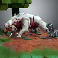 Game Character Battling Giant White Bloodstained Boar In Wooded Rocky Environment