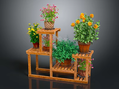 Multi Tiered Wooden Plant Stand With Colorful Potted Flowers And Green Plants 3d model