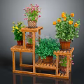 Multi Tiered Wooden Plant Stand With Colorful Potted Flowers And Green Plants