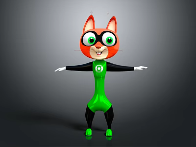 Red Fur Cartoon Cat In Superhero Green Costume With Mask And Chest Emblem 3d model