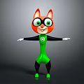 Red Fur Cartoon Cat In Superhero Green Costume With Mask And Chest Emblem