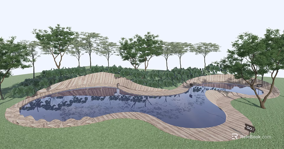 Winding Wooden Walkways With Reflective Water Ponds And Lush Foliage In Garden Design 3d model 