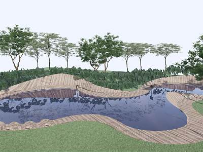 Winding Wooden Walkways With Reflective Water Ponds And Lush Foliage In Garden Design 3d model