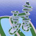 Spiral Shaped Office Building Complex Standing On Waterfront With Green Landscaping