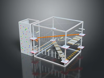 Wood Stone Architectural Model With Structural Frame Stairs And Colorful Platform Elements 3d model