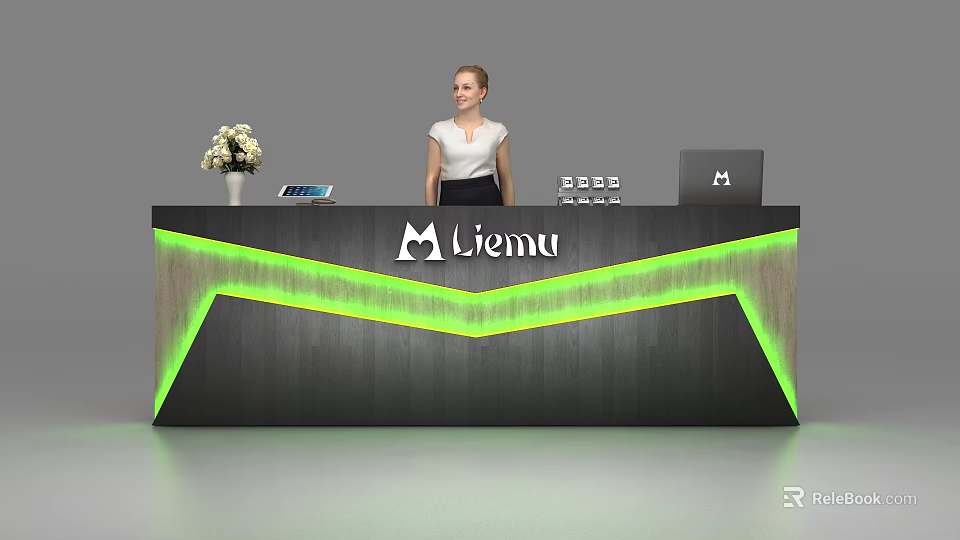 Modern Reception Desk With Dark Wood Green LED Lights Liemu Logo And Flower Vase 3d model 