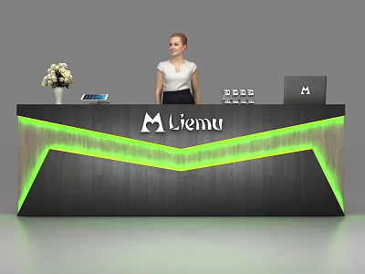 Modern Reception Desk With Dark Wood Green LED Lights Liemu Logo And Flower Vase 3d model