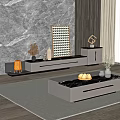 Modern Gray TV Stand With Marble Wall Decorative Vases And Lamps In Living Interior