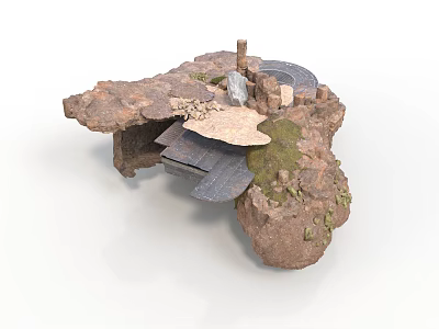 Rocky Terrain Model With Elevated Platforms And Architectural Structures Featuring Green Vegetation 3d model