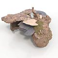 Rocky Terrain Model With Elevated Platforms And Architectural Structures Featuring Green Vegetation
