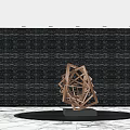 Modern Geometric Metallic Sculpture in Contemporary Space with Circular Water Pool and Black Wall
