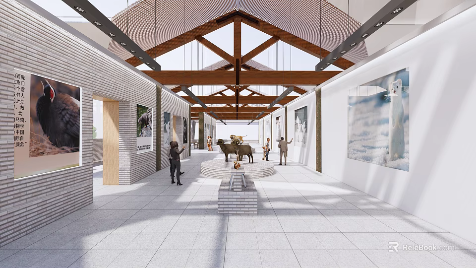 Exhibition Hall Interior with Brick Walls Wooden Roof Structure Paintings Central Platform and Visitors 3d model 