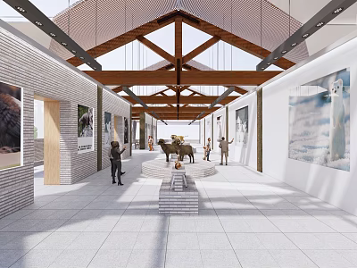Exhibition Hall Interior with Brick Walls Wooden Roof Structure Paintings Central Platform and Visitors 3d model