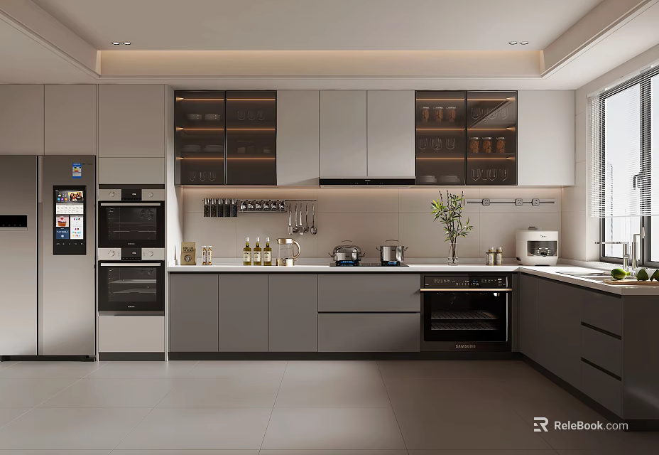 Modern Kitchen Interior with Grey Cabinets Stainless Steel Appliances and Marble Countertop 3d model 