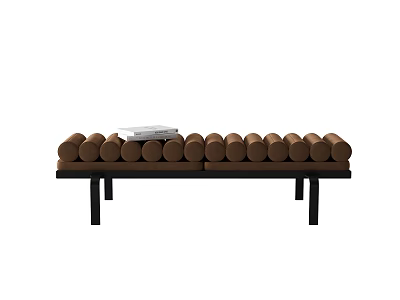 Modern Upholstered Sofa Bench With Brown Cylindrical Cushions Black Legs And Decorative Book On Top 3d model