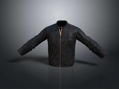 Classic Black Leather Jacket with Front Zipper and Spread Arms Design 3d model