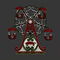 Colorful Decorative Ferris Wheel With Red Cabins Green Frame And Ornate Base
