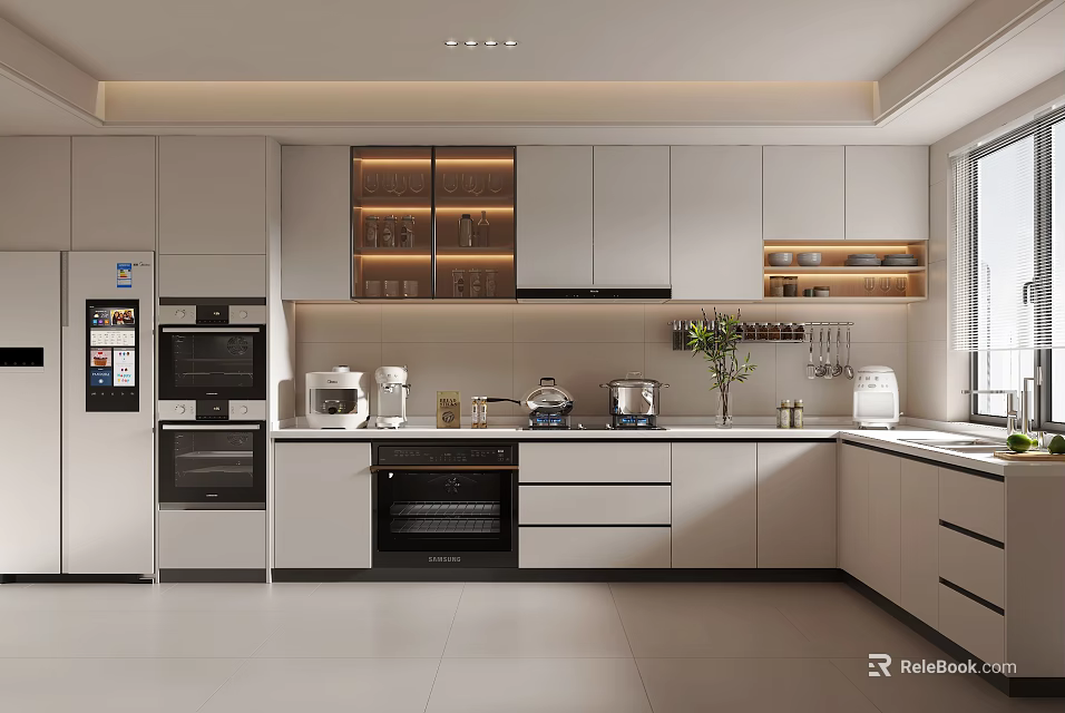 Modern Kitchen Interior Design With White Cabinets Countertop Appliances And Bright Lighting 3d model 