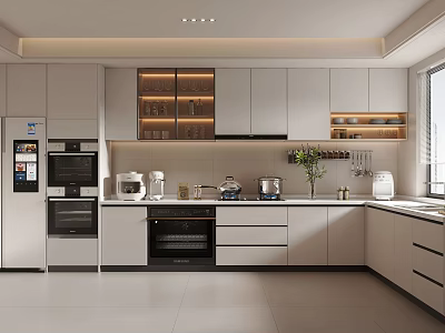Modern Kitchen Interior Design With White Cabinets Countertop Appliances And Bright Lighting 3d model