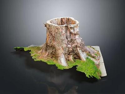 Natural Wood Tree Stump Decorative Item Featuring Stone Accents And Lush Green Moss 3d model