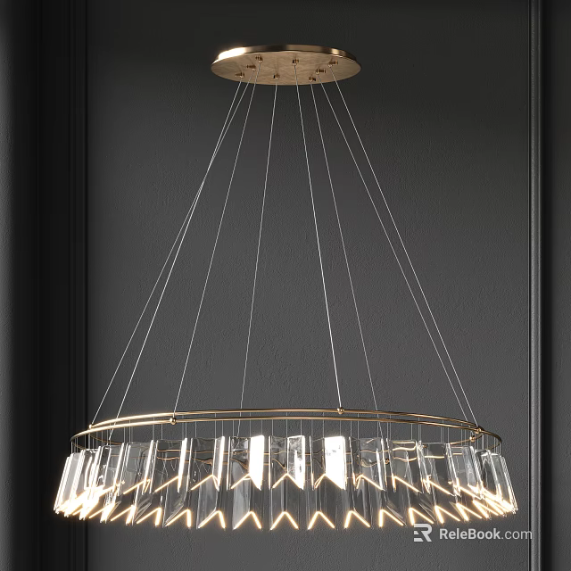 Modern Elegant Chandelier With Golden Frame And Transparent Glass Elements Suspended By Multiple Lines 3d model 