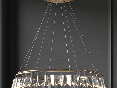 Modern Elegant Chandelier With Golden Frame And Transparent Glass Elements Suspended By Multiple Lines 3d model