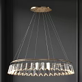 Modern Elegant Chandelier With Golden Frame And Transparent Glass Elements Suspended By Multiple Lines